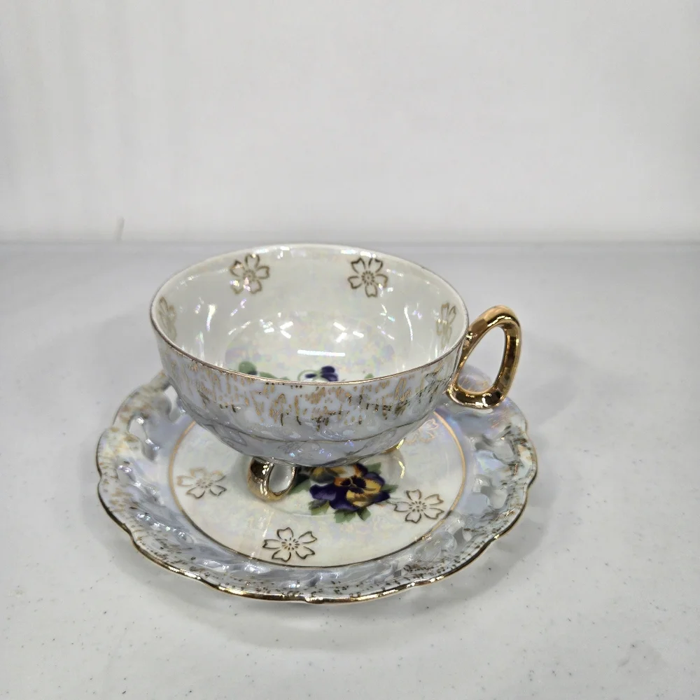 Vntg Lusterware‎ Footed Cup Pierced Saucer Gold trim B. P. Import Japan ART DECO